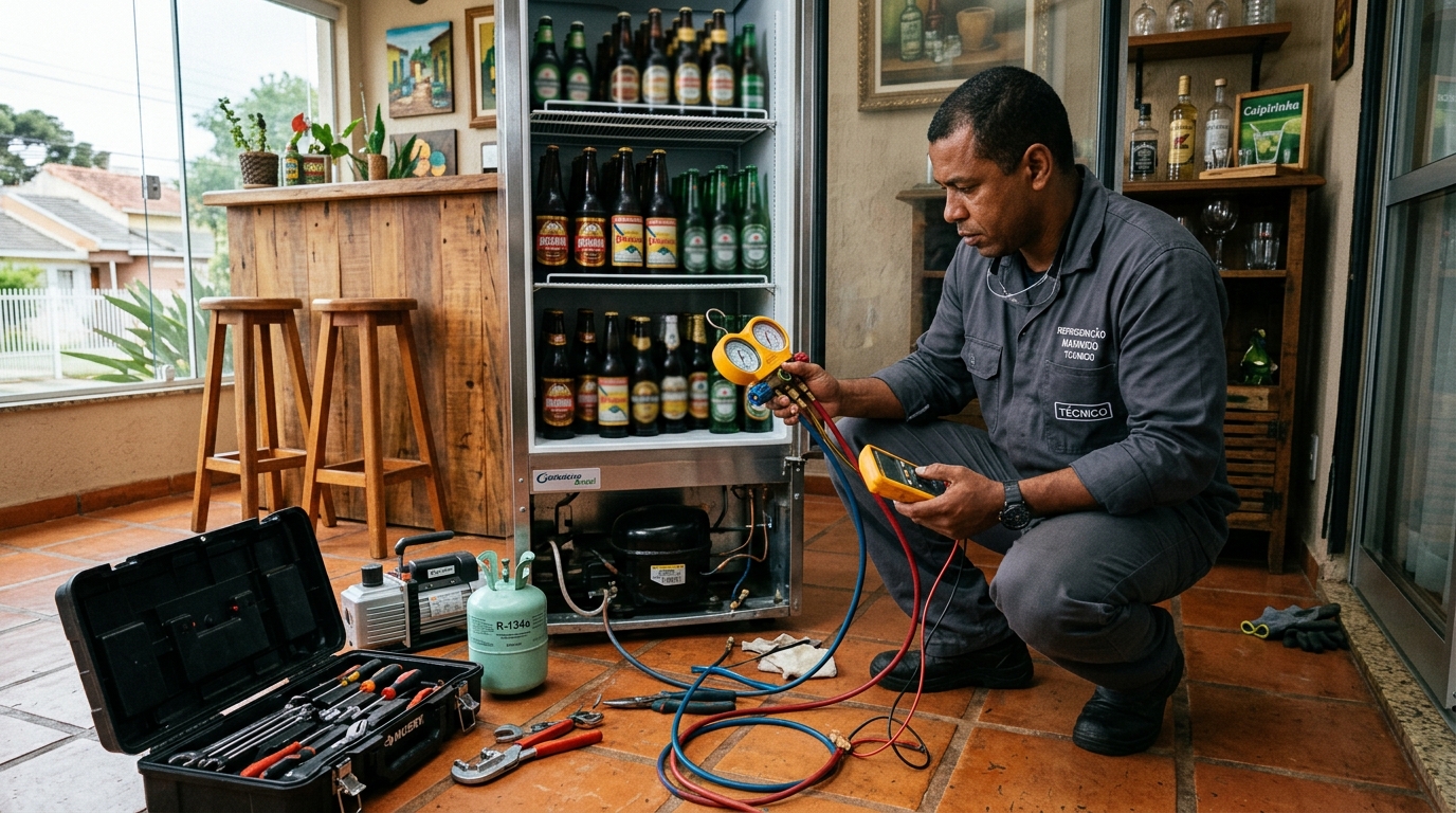 Profissional executando reparo no motor de cervejeira em Mogi das Cruzes‑SP