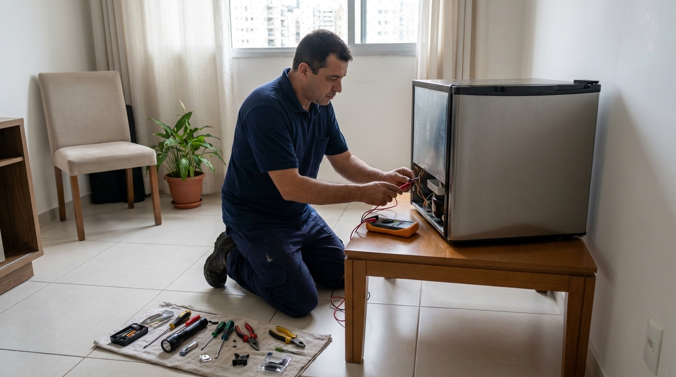 Técnico fazendo manutenção do motor de frigobar em Mogi das Cruzes‑SP