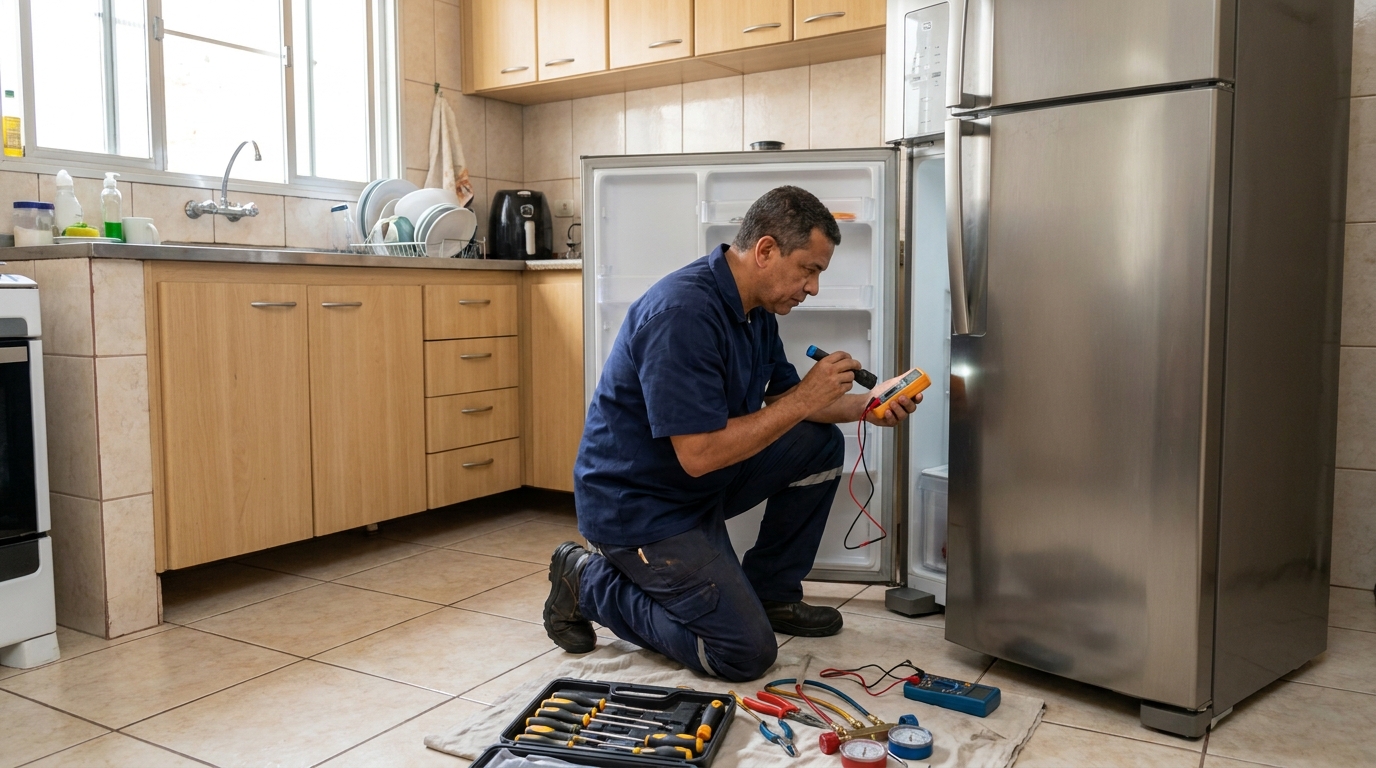 Técnico aplicando recarga de gás refrigerante em geladeira em Mogi das Cruzes‑SP